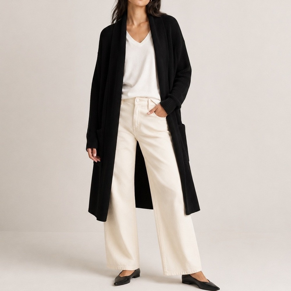 Quince Duster Cardigan Australian Merino Wool Office Travel Black Medium EUC